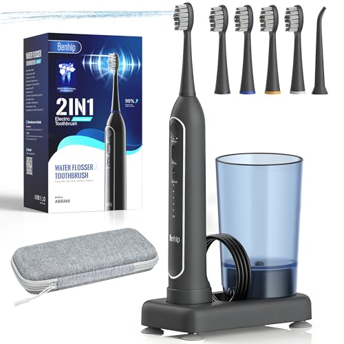 Image of Electric Toothbrush with Water Flosser Combo for Teeth Brushing & Flossing, Sonic Electric Toothbrush for Adults, Cordless Water Flosser for Home & Travel, Portable Travel Case Included