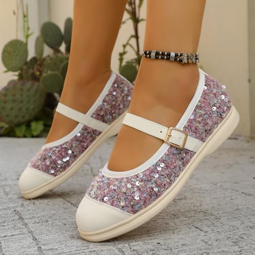 Pink Sequin Ballet Flats – Glamorous Women’s Shoes with White Leather Toe Cap & Buckle Strap – Sweet & Stylish for Dating, Parties & Daily Wear3
