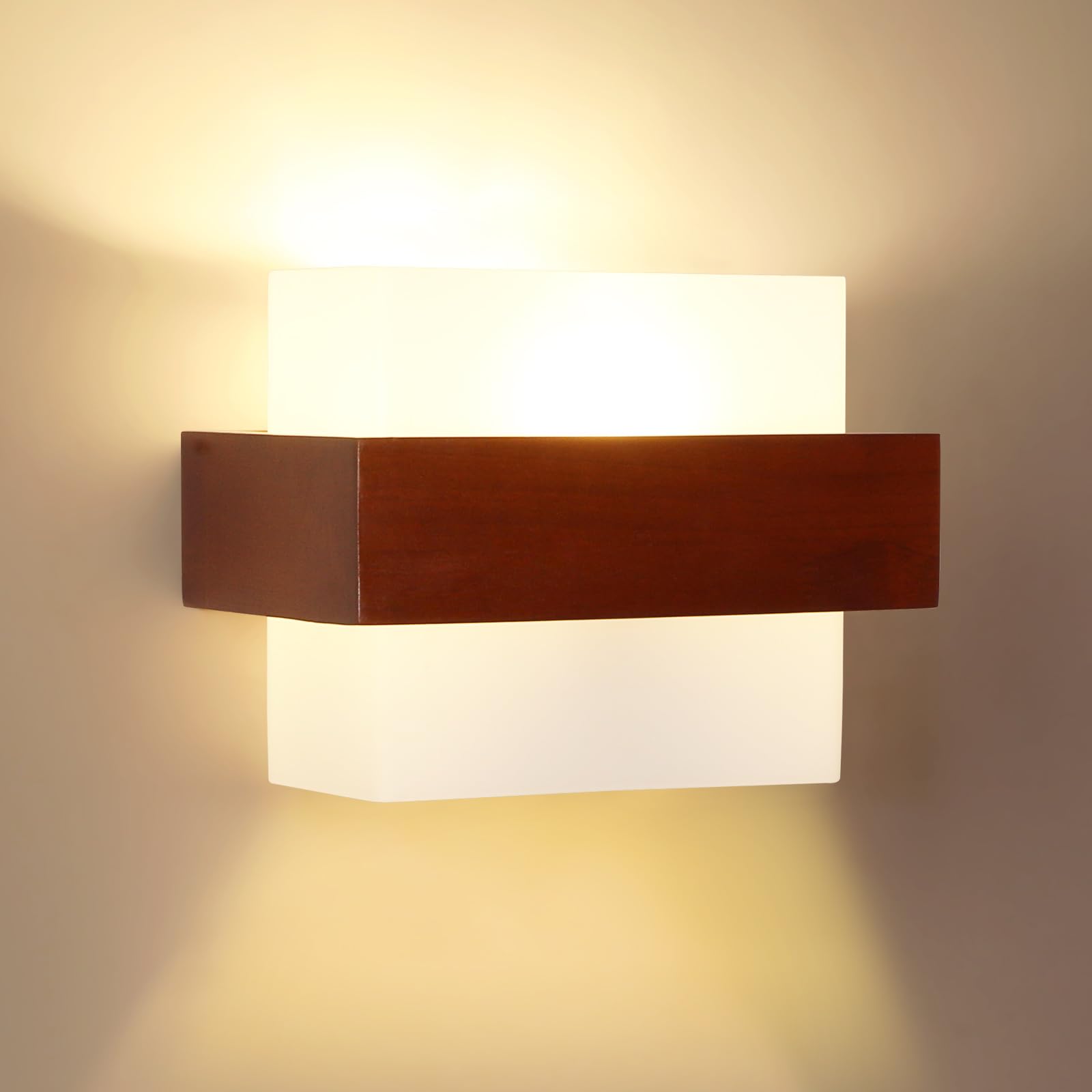 Comely Apliques de Pared Vintage Madera, Lámpara de Pared Interior E27, Creativo Cuadrado Luz de Pared de Cristal para Dormitorio, Salón, Pasillo, Cocina, Café (Marrón)