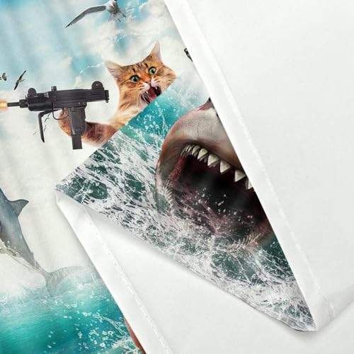 Image of Funny Cat Shower Curtain for Bathroom, Cat Shower Curtains for Boys, Funky Cats Riding Shark Fighting on Blue Ocean Fabric Waterproof Shower Curtain Sets with Hooks,Navy Blue Beach Theme Curtains