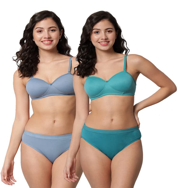 Narsingha Dreams Women’s Cotton Half Cup Lightly Padded Wire Free Bra Panty Lingerie Set Honeymoon Bikni Set for Girl’s Combo Pack of 2