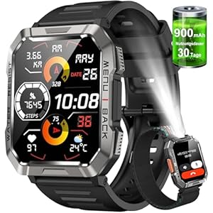 Militär Smartwatch Herren,100 Tage Akku, LED Taschenlampe, Bluetooth-Anrufe, Fitness-Tracker,100+ Sportmodi, Herzfrequenz-&SPO₂-Monitor, IP68 Wasserdicht, Schlafüberwachung