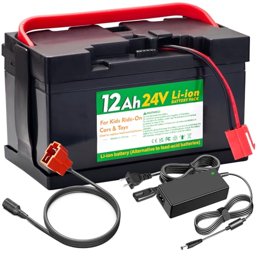 UNIKARO 24V 12Ah Lithium Battery for huffy torex 24V UTVs Ride- On Cars & Toys, Upgraded to Replace Lead-Acid 12FM7 Batteries (with Charger and Adapter Cable)