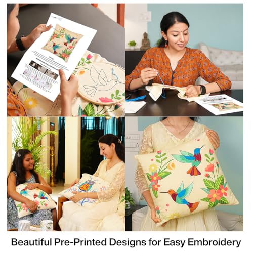 Image of picknMAKE Pack of 2 DIY Cushion Cover Hand Embroidery Kit for Beginners & Adults | Cross-Stitch Pillow Covers with Digitally Printed Designs | Complete Kit with Threads, Needle & Hoop | 16 inchx16 inch