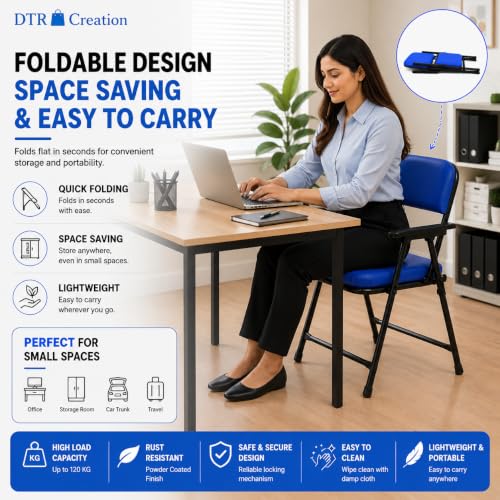Image of Foldable Cushioned Chair with Armrests | Heavy Duty Metal Frame | Soft Padded Seat & Backrest | Space Saving Folding Chair for Home, Office, Study & Guest Seating | Blue