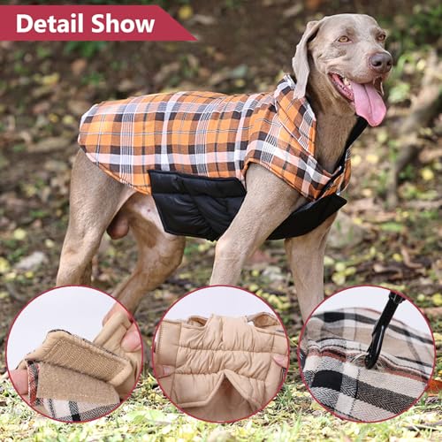 RUYICZB Hundemantel Winter, Wasserdichte Warme Jacke Für Kleine Mittlere Große Hunde, Outdoor Mit Geschirr Loch Karierte Wendejacke, Beige, L