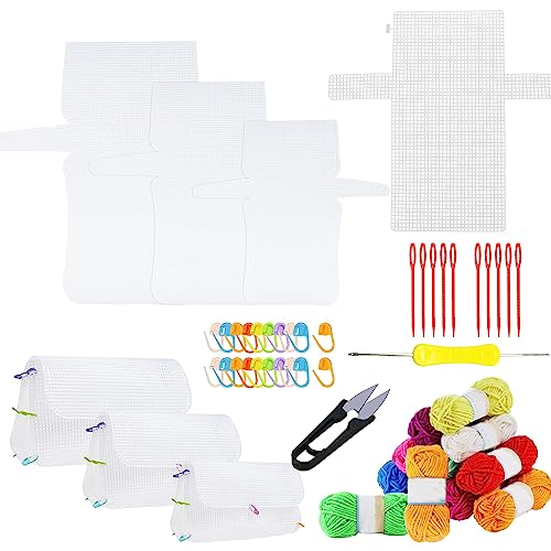 Allazone 58 stuks heldere plastic gaas canvas vellen voor borduurwerk, plastic canvas set met 12 kleuren acryl garen, borduurset voor volwassenen