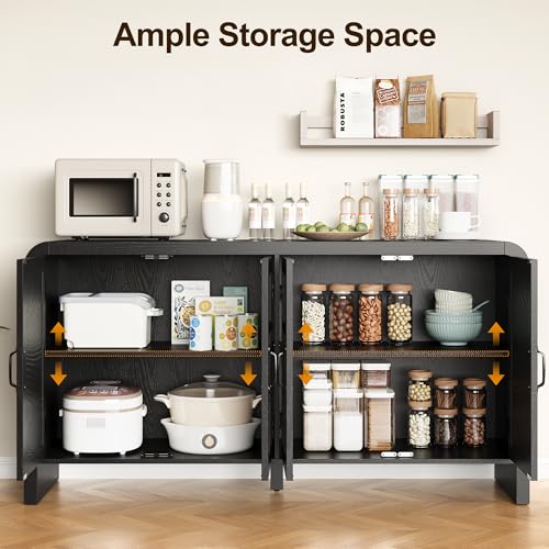 FansaFurn 59\'\' Storage Cabinet with 4 Rattan Doors, Boho Sideboard Buffet Cabinet with Adjustable Shelves, Large Entryway Table for Kitchen, Hallway, Dining Room, Living Room, Black