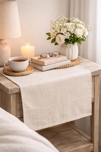 WWW.THROWPILLOW.IN Countryside Linen Finish Bedside Table Runner 14x34 | Farmhouse Chic Table Runner for 2 Feet Long Bedroom Side Table, Nightstand, Bedside Cabinet, Bed Table |