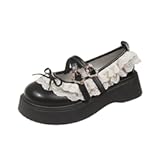 Emo Shoes Platform Mary Janes for Women Slip On Loafers Cute Bow Goth Dressy Lace Trim Round Toes Lightweight Leather No Slip Chunky Sole Kawaii Lolita Shoes Y2K Preppy Back To School Gift for Girls