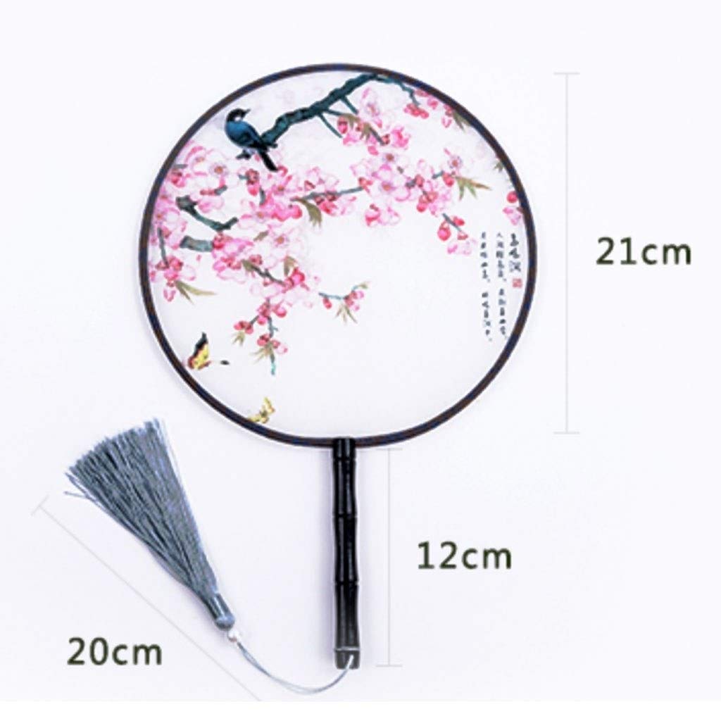 Abanicos plegables decorativos Abanicos de mano Estilo chino Bordado clásico Seda Redondo Palacio Abanico Mujer Mango largo Abanico de baile antiguo for decoración de pared Regalo Abanico de mano(Gray