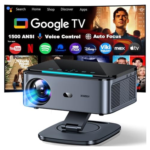 Projector 【1500 ANSI/Google TV/Auto Focus】 XIWBSY Portable Projector 38000 Lumens, Rotates 360°, WiFi 6 Bluetooth 5.3, Voice Control, Support 4K 1080P, Netflix Home/Outdoor Video Projectors
