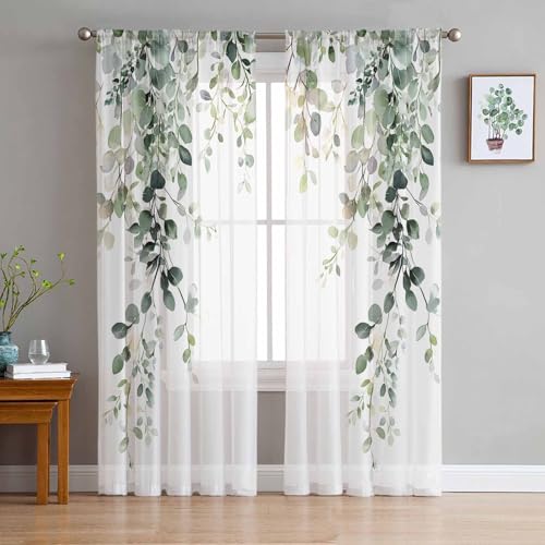 Lot de 2 Rideaux Transparents Feuilles d'eucalyptus pour Salon, Rideaux en Voile botanique printanier Vert Sauge pour Chambre à Coucher, filtrage de la lumière et...