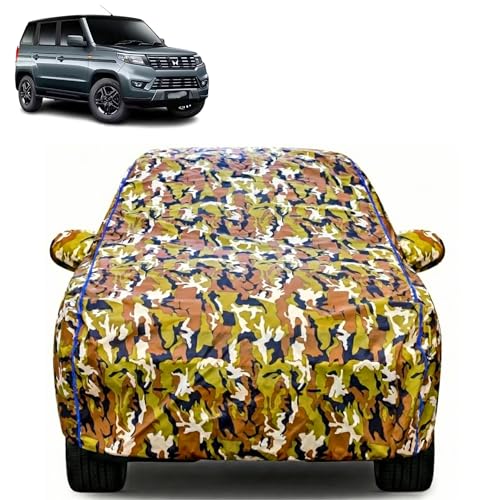 Image of Waterproof Car Body Cover for Mahindra Bolero Neo with Mirror Pocket| Cotton Inner Lining | Triple Stitched | All Weather Protection | Dust, UV & Rain Proof (Camouflage with Blue Piping)
