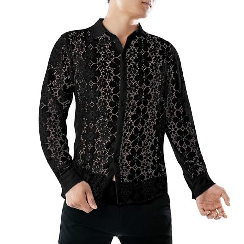 Men's Sexy Shirt,Floral Lace Long Sleeve Hollow Out Sheer See Through Button Down Shirts Transparent Black White