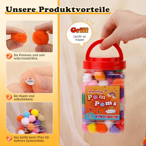 300 Stück Pompons, 25mm Bunte Pompons Zum Basteln, Kleine Pompoms Mit 100 Stück Wackelaugen (5/6/7/8 mm), Pompoms Bälle für Weihnachten, DIY Kreativen Handwerk Dekorationen