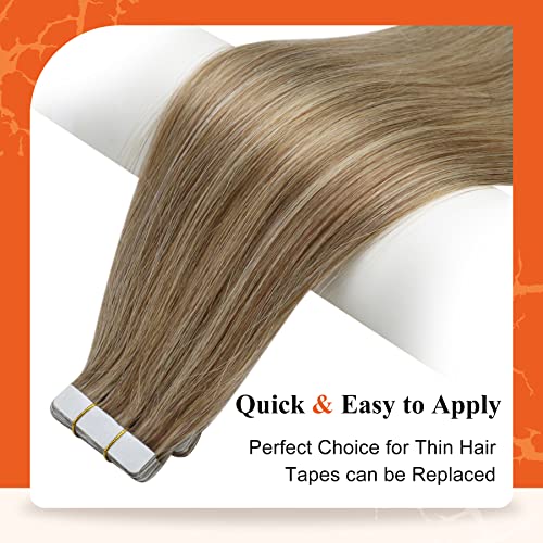 Image of Full Shine Tape in Hair Extensions Human Hair 14 Inch Balayage Hair Extensions Real Human Hair Tape in 50Grams 20Pcs 10 /16 /16 Highlights Golden Brown Mixed Golden Blonde Skin Weft Hair Extensions