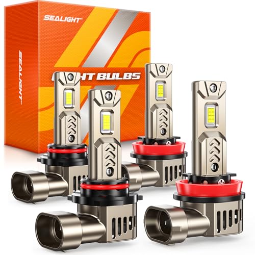 Image of SEALIGHT 9005 /HB3 H11 /H8 /H9 LED Bulb Combo 1:1 Real Design, 1000% Super Bright L2S H11 9005 Bulb, 6500K Cool White, 20 Year Extended Lifespan, 1:1 Halogen Size Wireless, 3 Min Plug and Play, Pack of 4