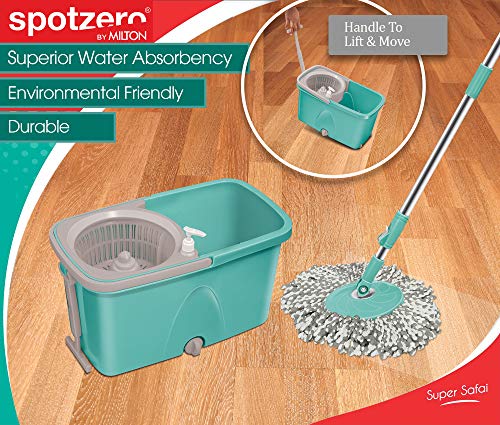 Spotzero By Milton Classic Spin Mop Bucket On Wheels, Extendable Handle | Liquid Dispenser | Wringer Set | 360 Spinning Mop Bucket Floor Cleaning & Mopping System With 2 Microfiber Refills, Aqua Green #TOP4
