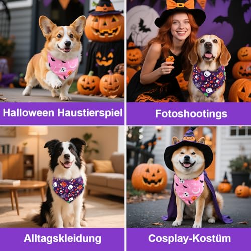 SZEE Hundehalstuch Halloween Kostüm Hunde Bandana for Dogs, Geschenk Deko mit Kürbis Motiv, Kopftücher Waschbarer Hundehalstücher für Kleine/Mittel/Große Hunde und Katzen Haustier, Lila+Rosa, L