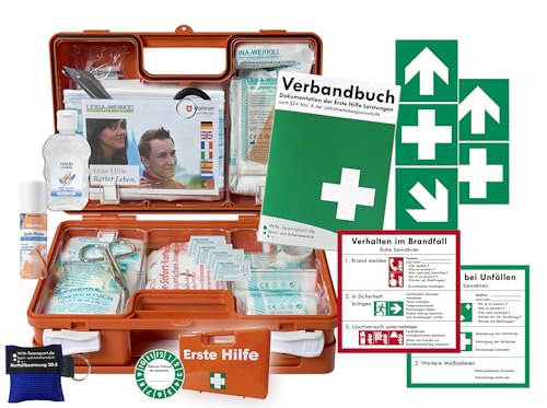 Verbandskoffer/Verbandskasten (K) Typ CSN -Paket 1- Erste Hilfe nach aktueller DIN 13157 für Betriebe -DSGVO- INKL. PERF. VERBANDBUCH + Hygiene-Gel, Notfallbeatmung & Sprühpflaster + AUFKLEBER