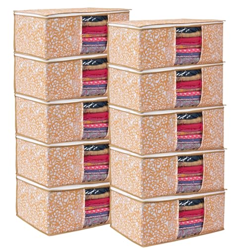 Image of Non-Woven Printed Saree Covers - Cloth Storage /Wardrobe with Transparent Window, Zipper Closure (YELLOW PACK OF 10)