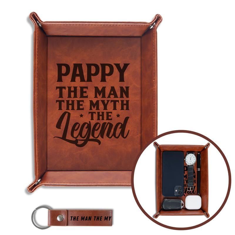 INNObeta Pappy Gifts Valet Tray, PU Leather Bedside Tray with Keychain for Grandpa, Perfect for Father's Day, Birthday, Christmas - The Man The Myth The Legend