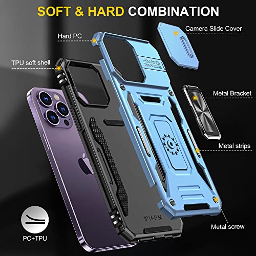 Image of Polycarbonate Slide Camera Cover with Ring Holder Mobile Phone Back Cover for iPhone 14 Pro (Blue)