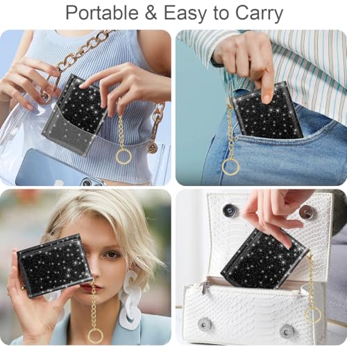 Image of Trifold Small RFID Blocking Wallet Pocket Cute Short Slim Sparkling Credit Card Holder Leather Keychain Ladies Mini Purse with ID Window, Glitter Black