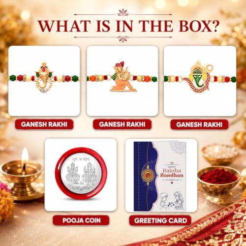 Image of Periapt Raksha Bandhan Rakhi Set for Brother | Pack of 3 Lord Ganesha Ji Designer Rakhis | Religious Rakhi Combo with Shubh Labh Coin and Greeting Card