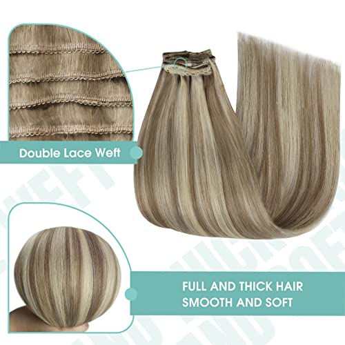 YoungSee Clip in Hair Extensions Real Human Hair 14inch 120g Human Hair Extensions Clip in Light Brown Highlights with Platinum Blonde Real Clip in Extensions for Beginners Silky 7pcs Natural Blend - Image 3