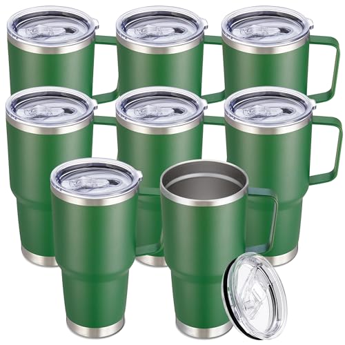 Image of 30 oz Stainless Steel Tumblers Bulk with Handle and Lid, 8 Pack | Powder Coated, Double Wall Vacuum Insulated, Leak Proof Lid, Keep Drinks Cold and Hot, for office, party, camping,Dark Green