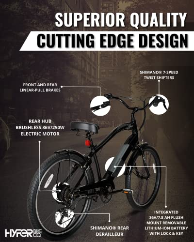 Hyper Bicycles E-Ride 26" Men's 36V Electric Cruiser E-Bike with Pedal-Assist, 250W Motor, Black - Thumbnail 5
