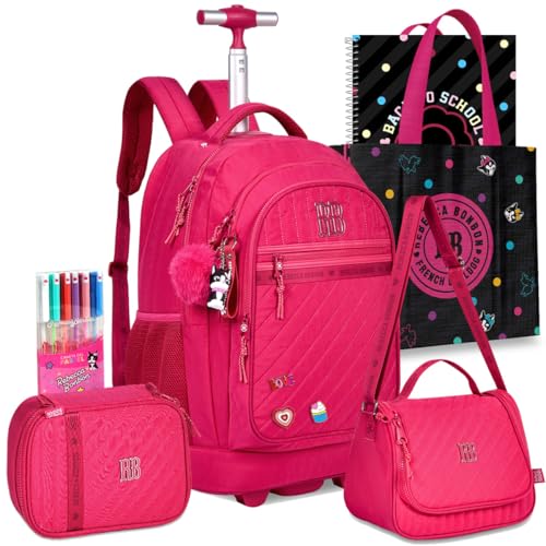 Kit Mochila RB Rebecca Bonbon Carrinho Escolar Lancheira Estojo Meninas Resistente Infantil Juvenil (Rosa)