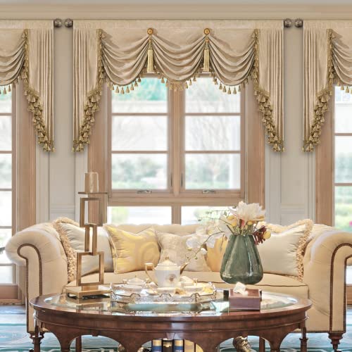 Loom And Mill Thick Chenille Waterfall Valance For Living Room, Luxury Swag Valances With Multi-Tassels & Pendants, Beige Swag Curtains For Bedroom Kitchen Dining Room Window Decor(W79Inch,1 Panel) #TOP1