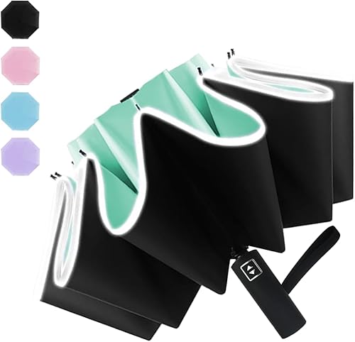 Pumi-geous Paraguas invertido automático, 10 varillas con rayas reflectantes, resistentes al viento, plegable, paraguas de viaje para lluvia,