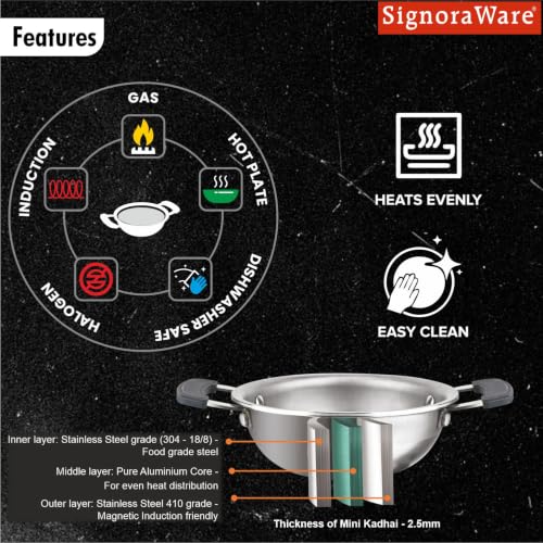 Image of SignoraWare Artista Triply Stainless Steel Cookware Mini Kadhai,(13cm, 530ml), Ideal for Pakoras, Saute Vegetables, Aloo Fry or Small Portions of Fritters, Best for Frying & Roasting Spices