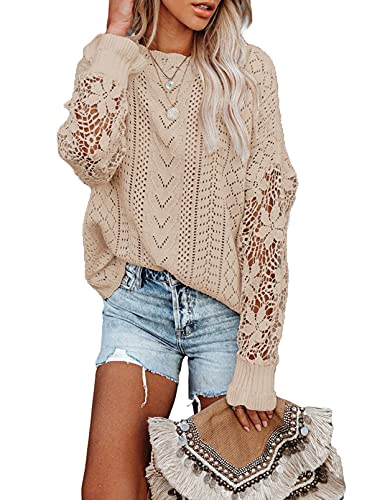 Dokotoo Womens Crewneck Crochet Lace Long Sleeve Hollow Out Cable Knit Sweaters Pullover Tops