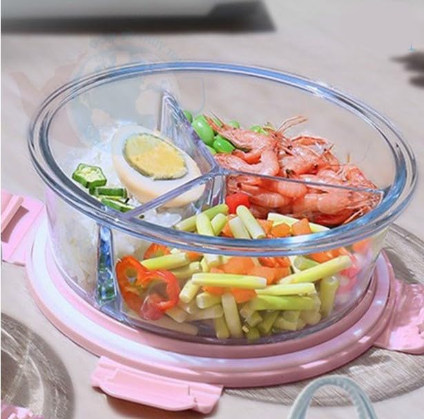 AtrauX 3 Compartment Glass Meal Prep Containers - Glass Food Storage Containers with pink Lids, Lunch Box, Glass Bento Box Lunch Containers, Portion Control, Airtight-850ml (2)