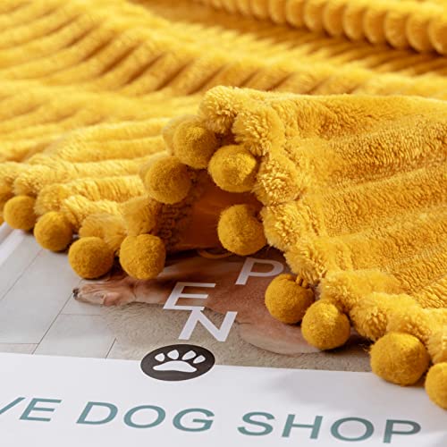 Dissa Fleece Blanket Throw Size – 51X63, Yellow – Soft, Plush, Fluffy, Fuzzy, Warm, Cozy – Perfect Throw For Couch, Bed, Sofa - With Pompom Fringe - Flannel Blanket Throw Blanket #TOP2