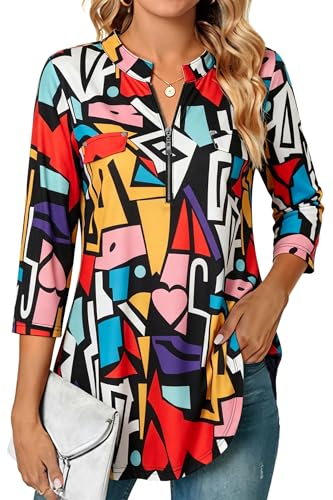 Ninedaily Blouses for Women Dressy Casual,Tops 2026 Fall Business Casual Tops Office Work Formal Tops 3/4 Length Sleeve Shirts Modlily Tunic Loose Fit, Yellow Multicolor, Large