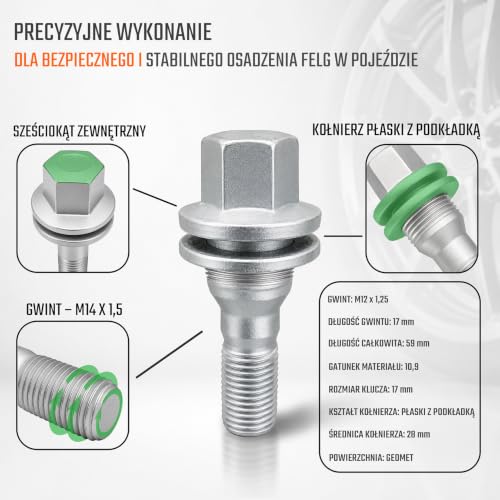 20 śrub do kół M12 x 1,25 17 mm płaski ściągacz sworznie do kół SW 17 - Plug & Play - do felg aluminiowych, felg aluminiowych z płaskim ściągaczem i tarczą - do Peugeot - Citroen - do Opel - do DS