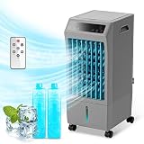 【サインキングダム 】冷風機 グレー 冷風扇 冷風扇風機 扇風機 大容量 5.5L 保冷剤2個付き 風量3段階切替 冷房 首振り スポットクーラー 冷風モード 送風 リモコン キャスター付き 移動 簡単 スリム コンパクト 省エネ 保冷剤 xr-ifu02-gy