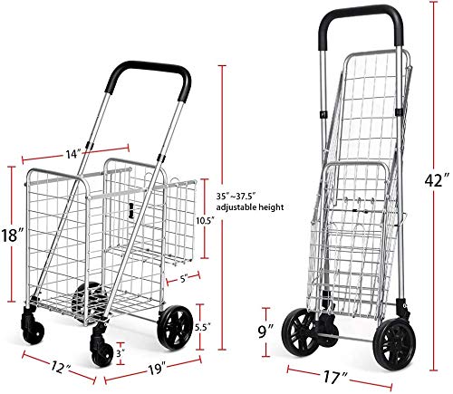 Byroce Utility Folding Shopping Cart, Light Weight Trolley With Handle, Large Grocery Utility Cart With Swiveling Wheels And Dual Storage Baskets, Ideal For Laundry Book Luggage Travel (Silver) #TOP6