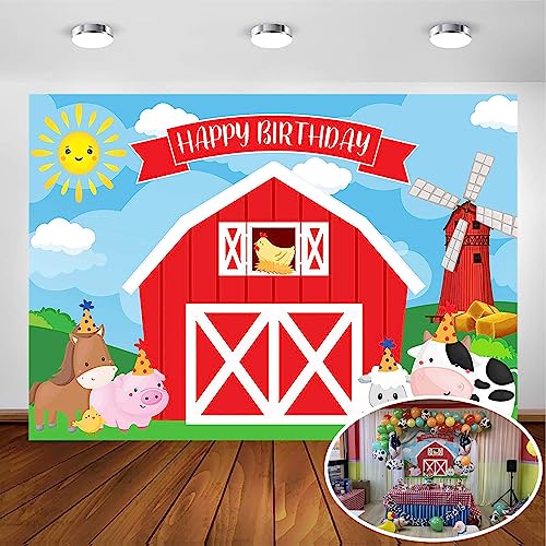 Avezano Farm Backdrop for Kids Birthday Party Decorations Red Barn Farm Animal Photography Background Cartoon Farm Animals Happy Birthday Party Banner Photoshoot Backdrops (7x5ft)
