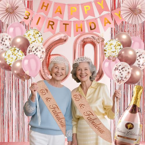 60th Birthday Decorations for Woman, Rose Gold 60th Birthday Decorations for Women, 60 Sash and Crown, Banner, Fringe Curtains, Hanging Paper Fans, 60 Year Old Party Supplies Set by Juesly - Image 7