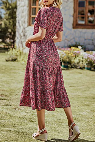 Prettygarden Women's Floral Boho Dress Casual Short Sleeve V Neck Ruffle Tiered 2023 Summer Swing Maxi Dresses(Black Red Floral,Large) #TOP6
