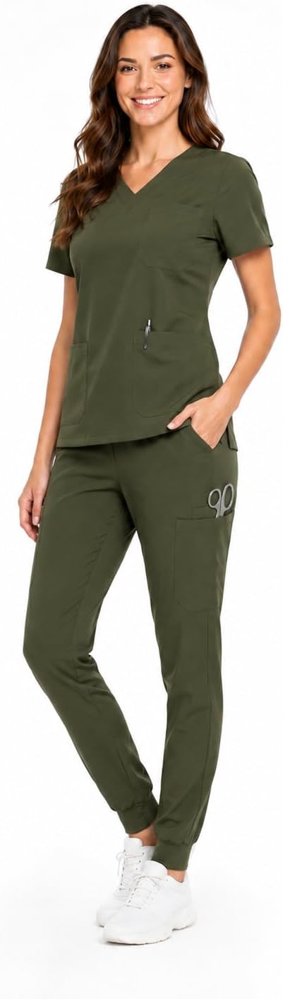 Scrubs for Women Set, 4-Way Stretch V-Neck Top & Jogger Pants, 10 Pockets Durable Medical Uniforms