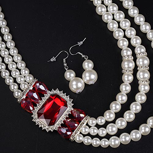 Aimimier 1920S 3-Strand White Faux Pearl Necklace And Earrings Set With Red Crystal And Rhinestone Long Pearl Necklace Statement Women Jewelry #TOP2