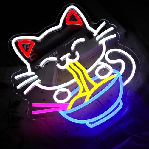 Image of Fortune Cat Ramen Neon Sign for Wall Decor, Japanese Lucky Cat Led Signs for Business, USB Dimmable Cartoon Cat Neon Lights for Noodles Shop Kitchen Home Pub Dinning Room Restaurant Wall Art
